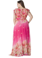 Gradient Color Pink V Neck Print Tunic Chiffon Long Dress Summer
