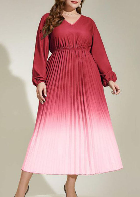 Gradient Color Watermelon Red Wrinkled Elastic Waist Silk Maxi Dresses Fall