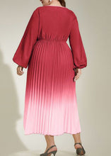 Load image into Gallery viewer, Gradient Color Watermelon Red Wrinkled Elastic Waist Silk Maxi Dresses Fall