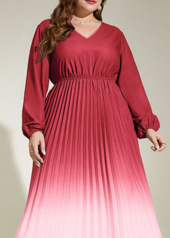 Gradient Color Watermelon Red Wrinkled Elastic Waist Silk Maxi Dresses Fall