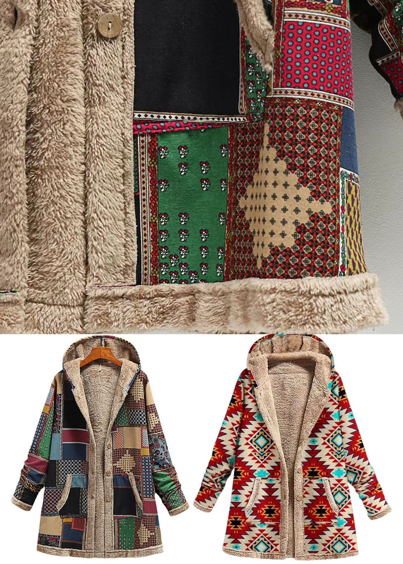 Green Button Pockets Patchwork Warm Fleece Coat Hooded Fall