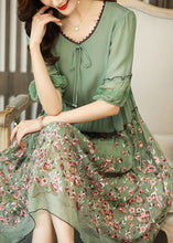 Load image into Gallery viewer, Green Chiffon Long Dress Ruffled Embroideried Summer