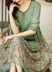 Green Chiffon Long Dress Ruffled Embroideried Summer
