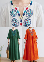 Green Cotton Long Dress Embroideried Exra Large Hem Flare Sleeve