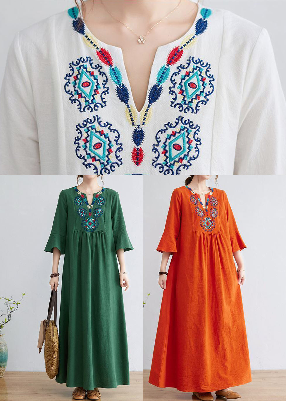 Green Cotton Long Dress Embroideried Exra Large Hem Flare Sleeve