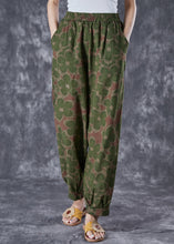Load image into Gallery viewer, Green Floral Print Linen Pants Oversized Elastic Waist Summer