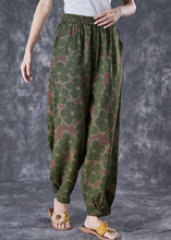 Load image into Gallery viewer, Green Floral Print Linen Pants Oversized Elastic Waist Summer