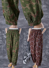 Load image into Gallery viewer, Green Floral Print Linen Pants Oversized Elastic Waist Summer