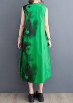Green Patchwork Cotton Long Dress V Neck Lace Up Sleeveless