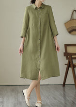 Load image into Gallery viewer, Green Patchwork Linen Dress Peter Pan Collar Wrinkled Summer
