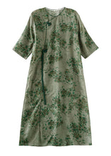 Load image into Gallery viewer, Green Pink Patchwork Linen Long Dress Tasseled Button Summer