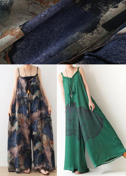 Green Print Jumpsuit Summer Strap Wide Leg Pants