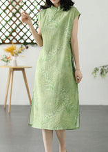 Load image into Gallery viewer, Green Print Patchwork Linen Dress Stand Collar Button Summer