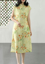 Load image into Gallery viewer, Green Print Patchwork Linen Dress Stand Collar Button Summer