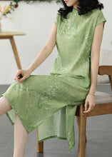 Load image into Gallery viewer, Green Print Patchwork Linen Dress Stand Collar Button Summer