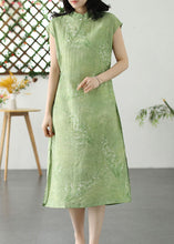 Load image into Gallery viewer, Green Print Patchwork Linen Dress Stand Collar Button Summer
