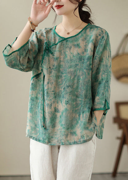 Green Tie Dye Linen Shirt Chinese Button Bracelet Sleeve