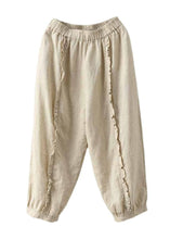 Load image into Gallery viewer, Handmade Beige Ruffled Patchwork Linen Crop Pants Summer