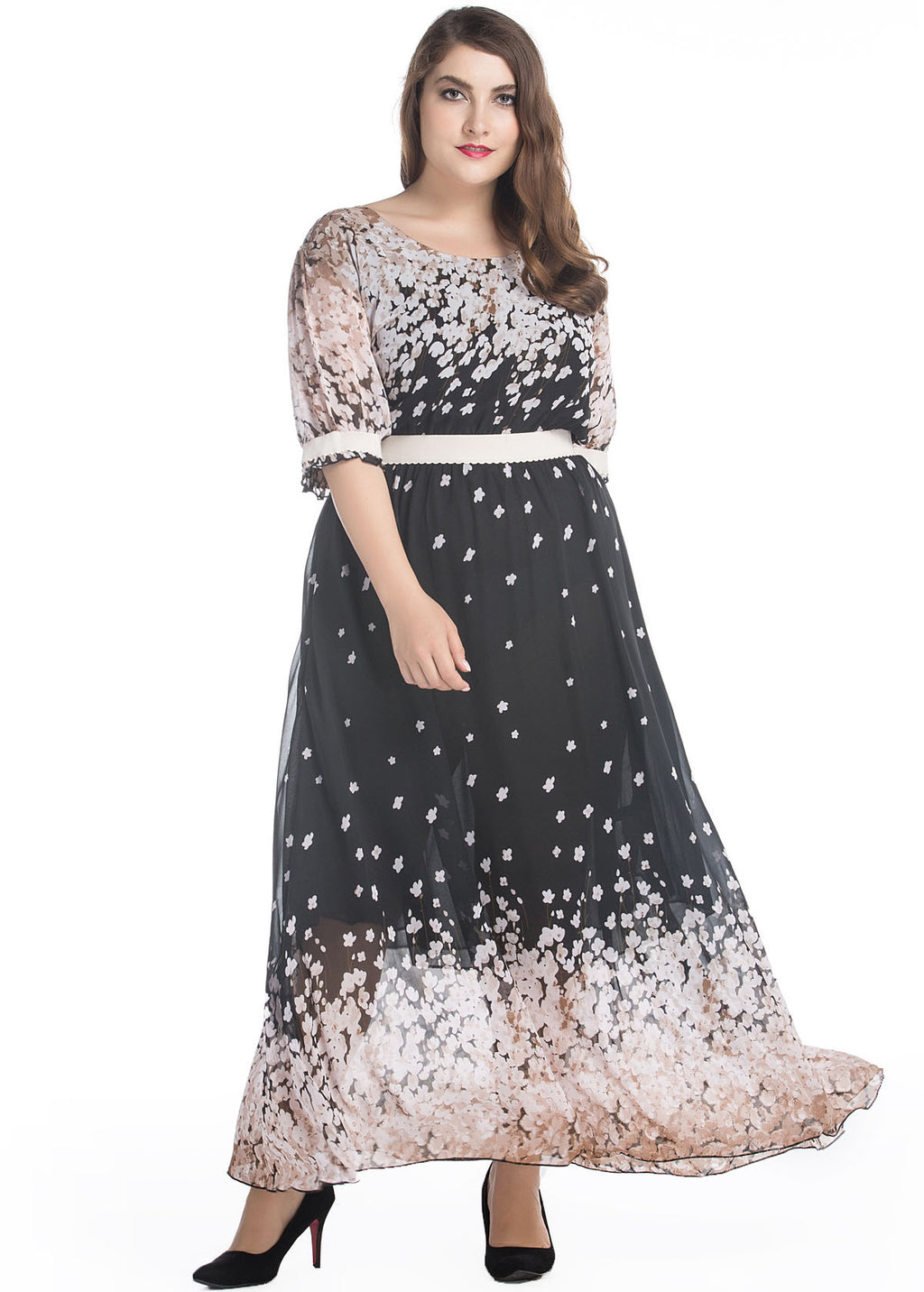 Handmade Black O-Neck Print Patchwork Chiffon Long Dress Summer