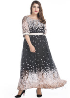 Handmade Black O-Neck Print Patchwork Chiffon Long Dress Summer