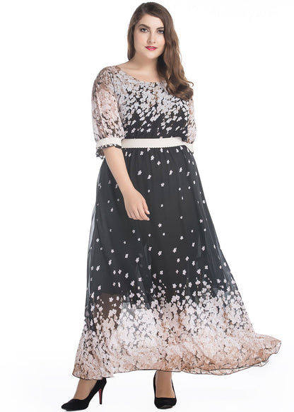 Handmade Black O-Neck Print Patchwork Chiffon Long Dress Summer