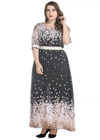 Handmade Black O-Neck Print Patchwork Chiffon Long Dress Summer