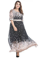 Handmade Black O-Neck Print Patchwork Chiffon Long Dress Summer
