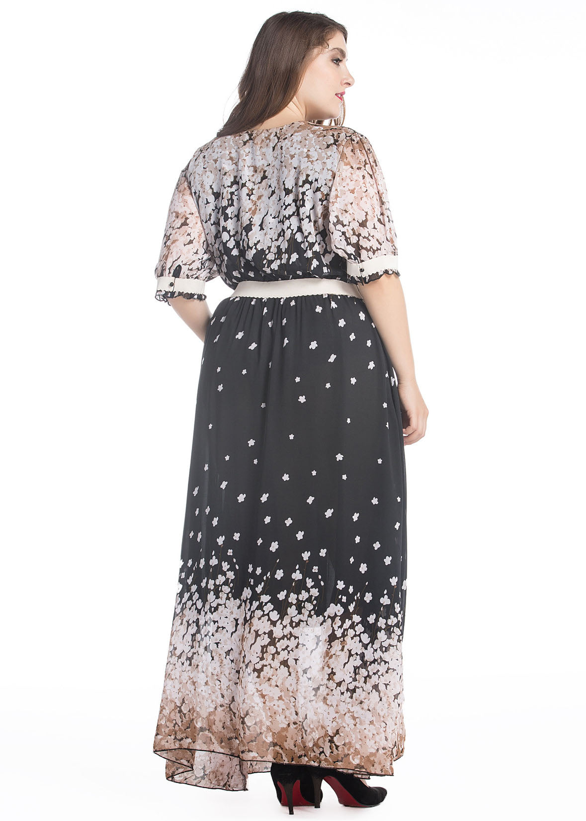 Handmade Black O-Neck Print Patchwork Chiffon Long Dress Summer