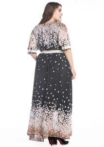 Handmade Black O-Neck Print Patchwork Chiffon Long Dress Summer