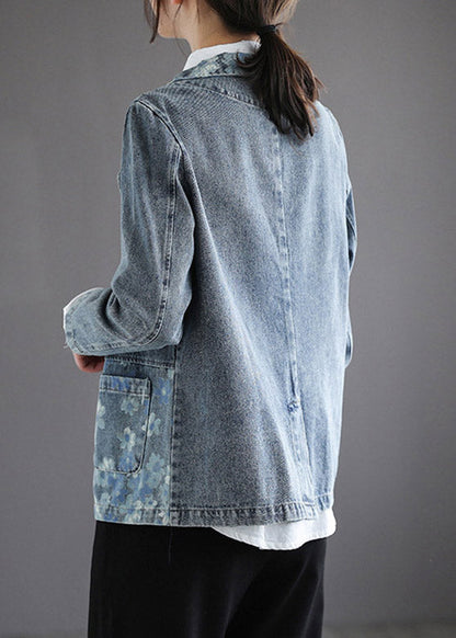Handmade Blue Notched Print Button Denim Coat Spring