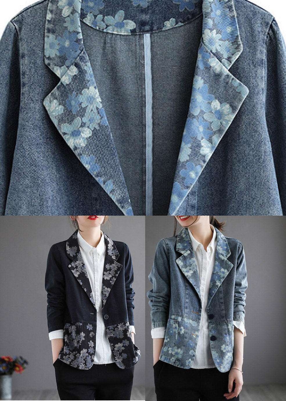 Handmade Blue Notched Print Button Denim Coat Spring