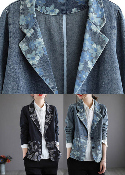 Handmade Blue Notched Print Button Denim Coat Spring