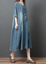 Load image into Gallery viewer, Handmade Blue V Neck Button Patchwork Fall Denim Half Sleeve Maxi Dress
