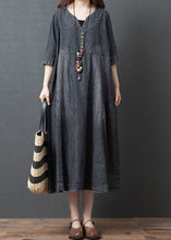 Load image into Gallery viewer, Handmade Blue V Neck Button Patchwork Fall Denim Half Sleeve Maxi Dress