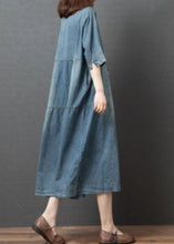 Load image into Gallery viewer, Handmade Blue V Neck Button Patchwork Fall Denim Half Sleeve Maxi Dress