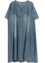 Load image into Gallery viewer, Handmade Blue V Neck Button Patchwork Fall Denim Half Sleeve Maxi Dress