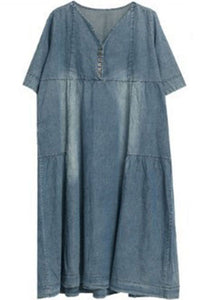 Handmade Blue V Neck Button Patchwork Fall Denim Half Sleeve Maxi Dress