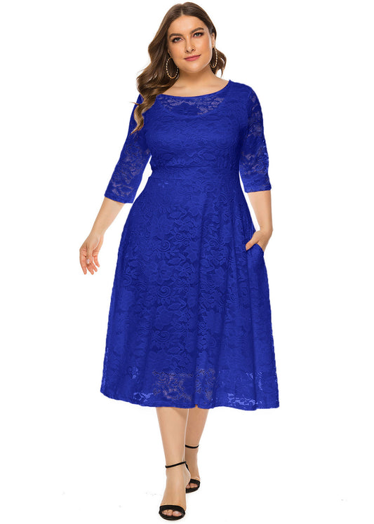 Handmade Green O-Neck Patchwork Lace Long Dress Short Sleeve