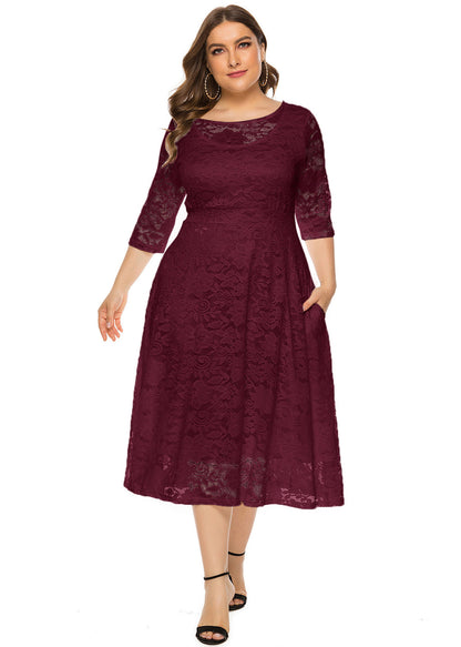 Handmade Green O-Neck Patchwork Lace Long Dress Short Sleeve