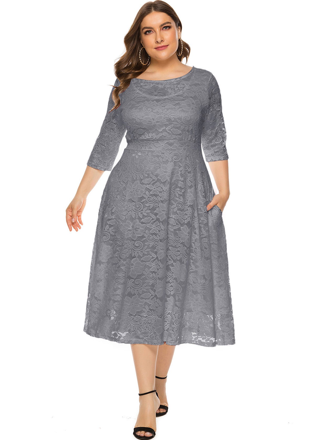 Handmade Green O-Neck Patchwork Lace Long Dress Short Sleeve