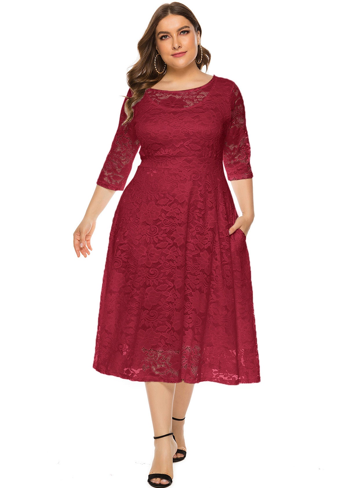 Handmade Green O-Neck Patchwork Lace Long Dress Short Sleeve