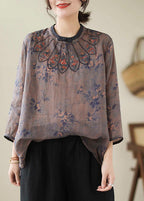 Handmade Grey Blue Embroideried Print Linen Blouse Top Bracelet Sleeve