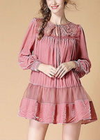Handmade Pink Embroideried Patchwork wrinkled Fall Long sleeve Dress