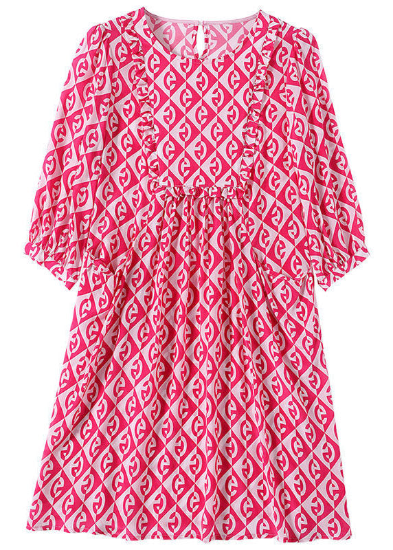 Handmade Pink O Neck Plaid Print Chiffon Shift Dresses Summer