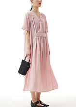 Load image into Gallery viewer, Handmade Pink V Neck Wrinkled Patchwork Cotton Dress Summer