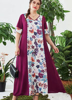 Handmade Purple V Neck Print Patchwork Chiffon Dresses Summer