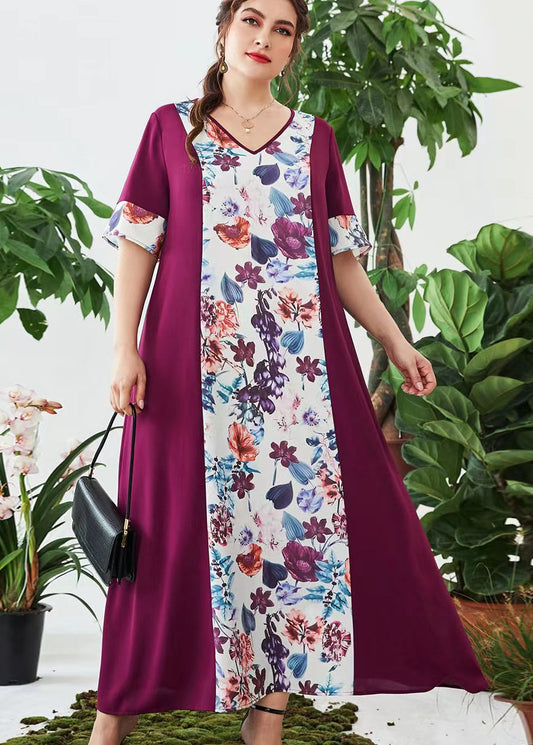 Handmade Purple V Neck Print Patchwork Chiffon Dresses Summer