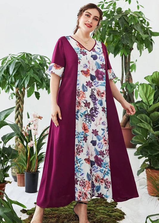 Handmade Purple V Neck Print Patchwork Chiffon Dresses Summer
