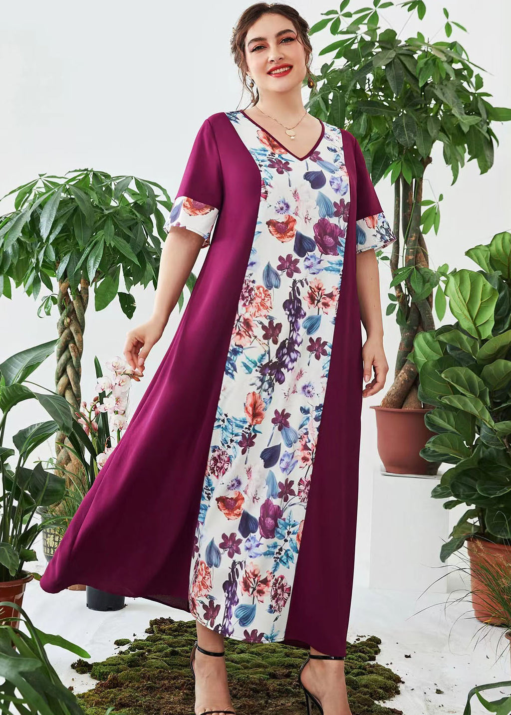 Handmade Purple V Neck Print Patchwork Chiffon Dresses Summer