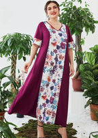 Handmade Purple V Neck Print Patchwork Chiffon Dresses Summer